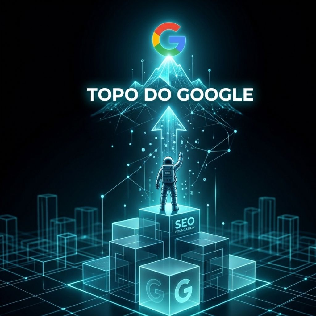 Interface futurista de uma agência de SEO mostrando análise de dados e otimização para o topo do Google