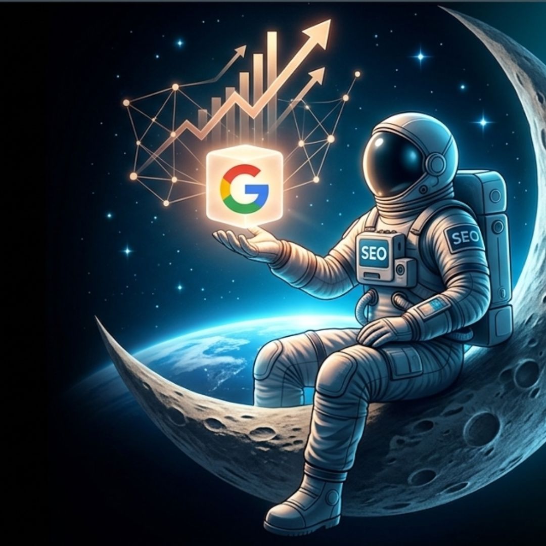 Astronauta segurando logo do Google representando a construção de patrimônio digital através da Auditoria SEO.