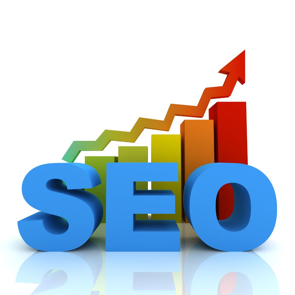 Logotipo SEO em destaque com infográfico de barras e linhas em ascensão ao fundo, representando o crescimento de tráfego orgânico.