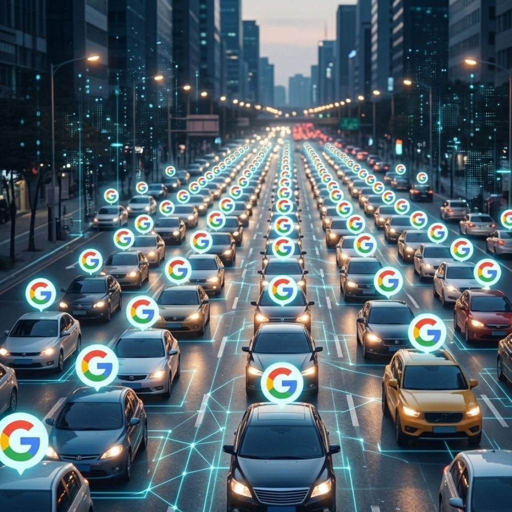 Infográfico conceitual de tráfego orgânico com fluxo de carros e logotipos do Google em uma rede de dados futurista