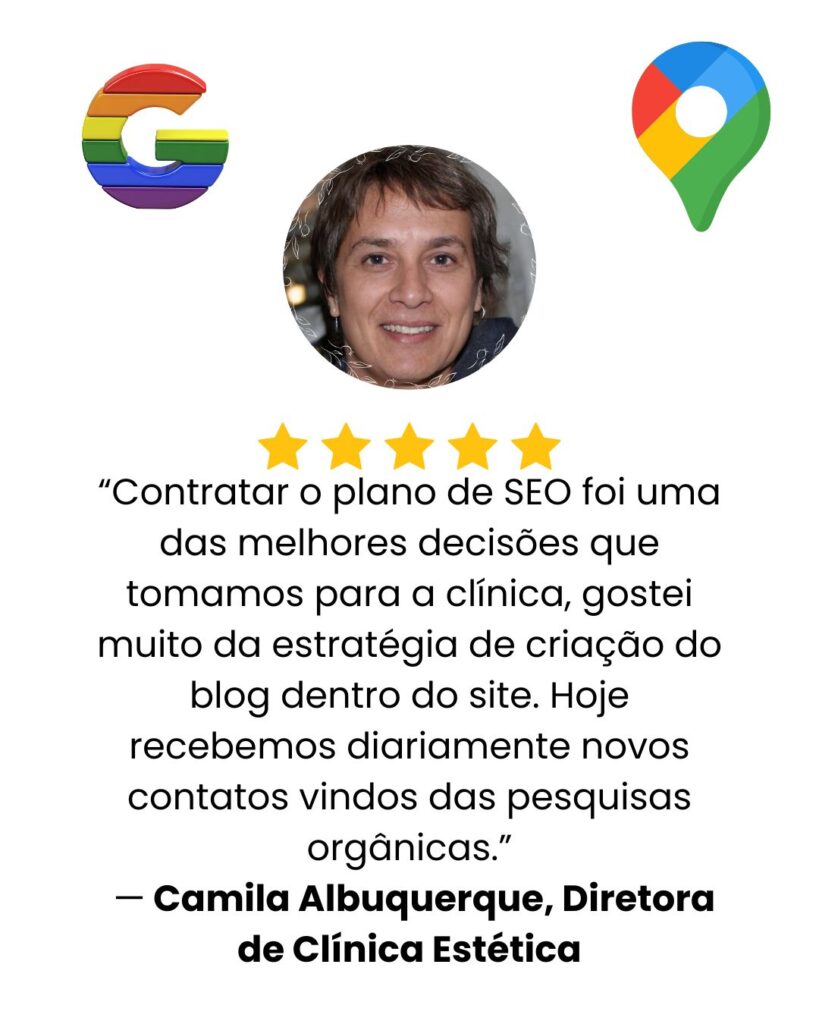 Card de avaliação positiva de clínica de estética sobre plano de SEO e posicionamento no Google.