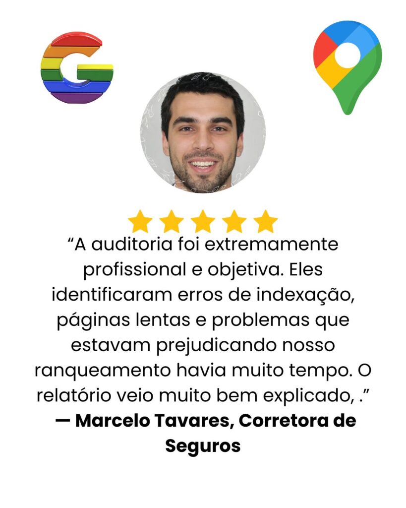 Card de depoimento 5 estrelas de corretora de seguros satisfeito com auditoria SEO.