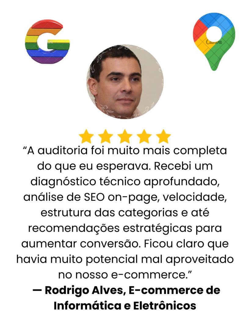 Card de avaliação 5 estrelas de loja virtual de eletrônicos sobre auditoria SEO completa.