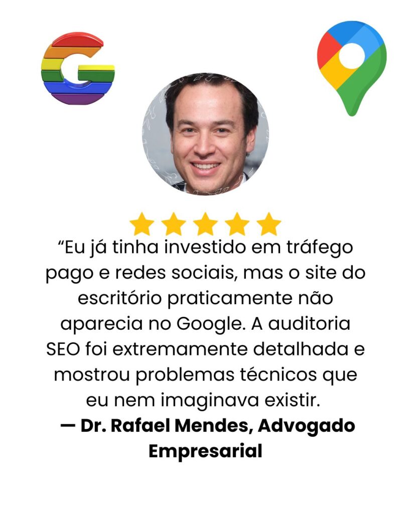 ard de avaliação 5 estrelas de advogado satisfeito com auditoria SEO para escritório jurídico.