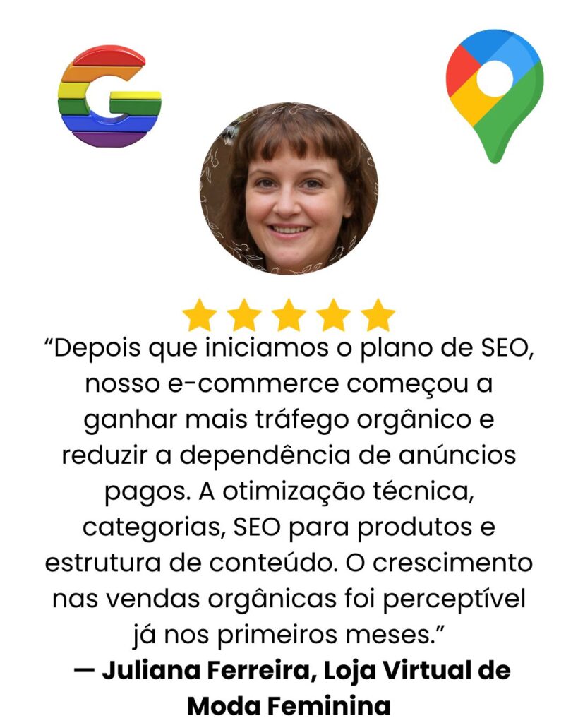 Card de avaliação positiva sobre serviço de SEO para e-commerce de moda feminina.